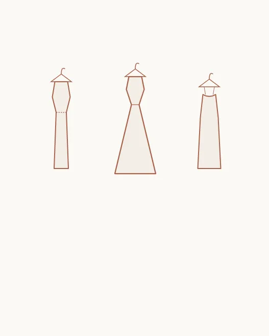 Three iconic dress silhouettes hanging on rail: sheath dress, A-line midi dress, and bias slip dress