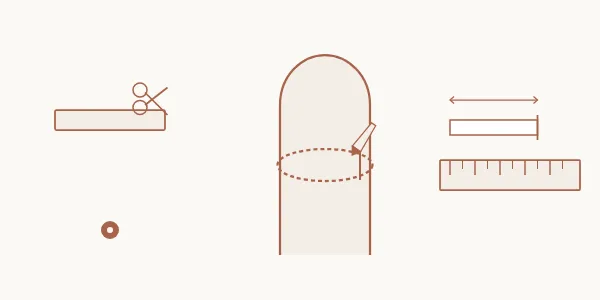Three-step guide for measuring ring size at home: paper strip, wrapping base of finger, and measuring flat against ruler