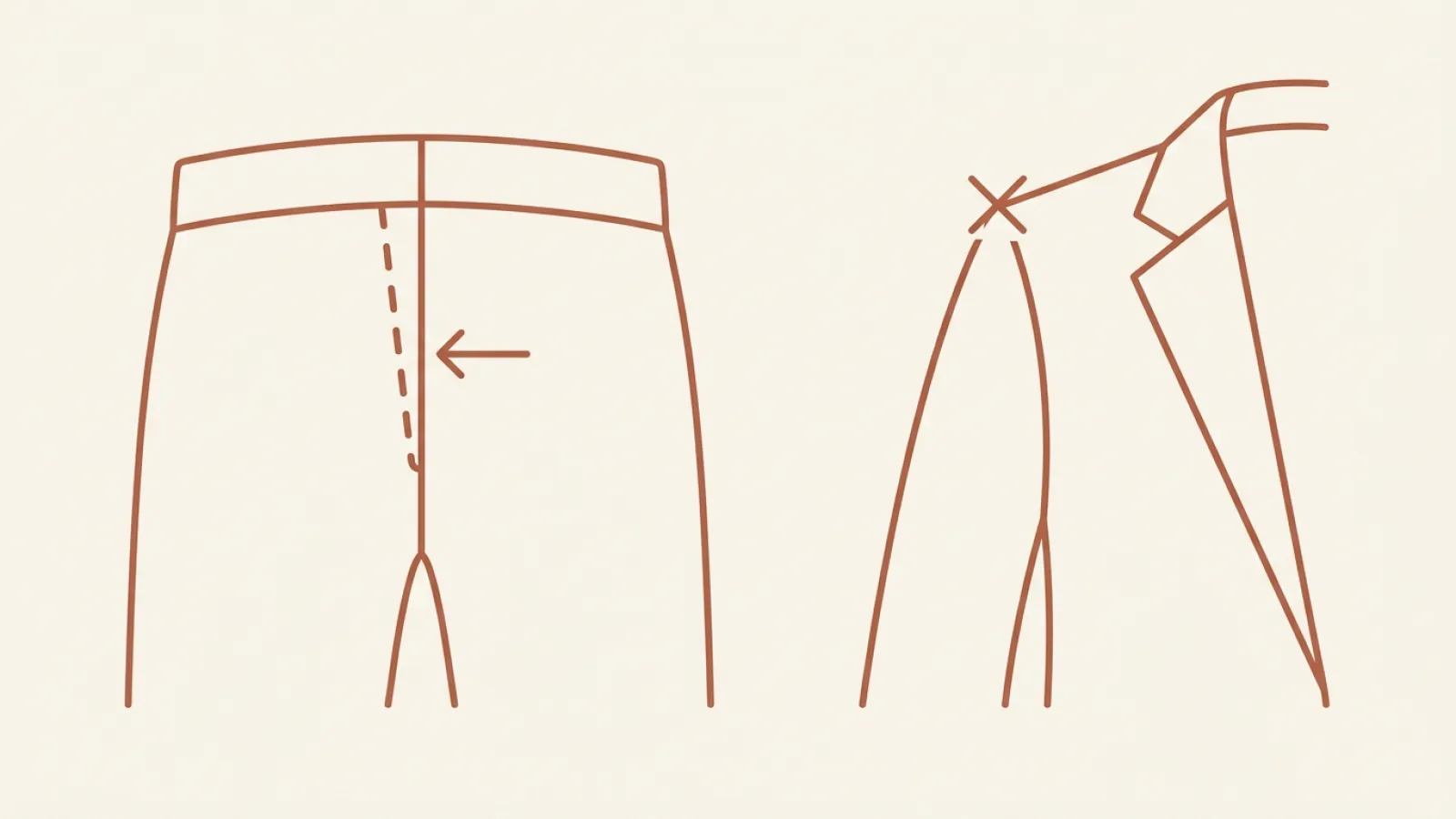 Line drawing showing a trouser waist that can be taken in and a jacket shoulder that cannot be altered.