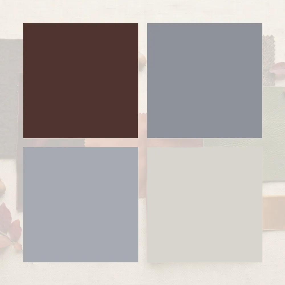 Chocolate brown trousers with a grey t-shirt and grey trainers.