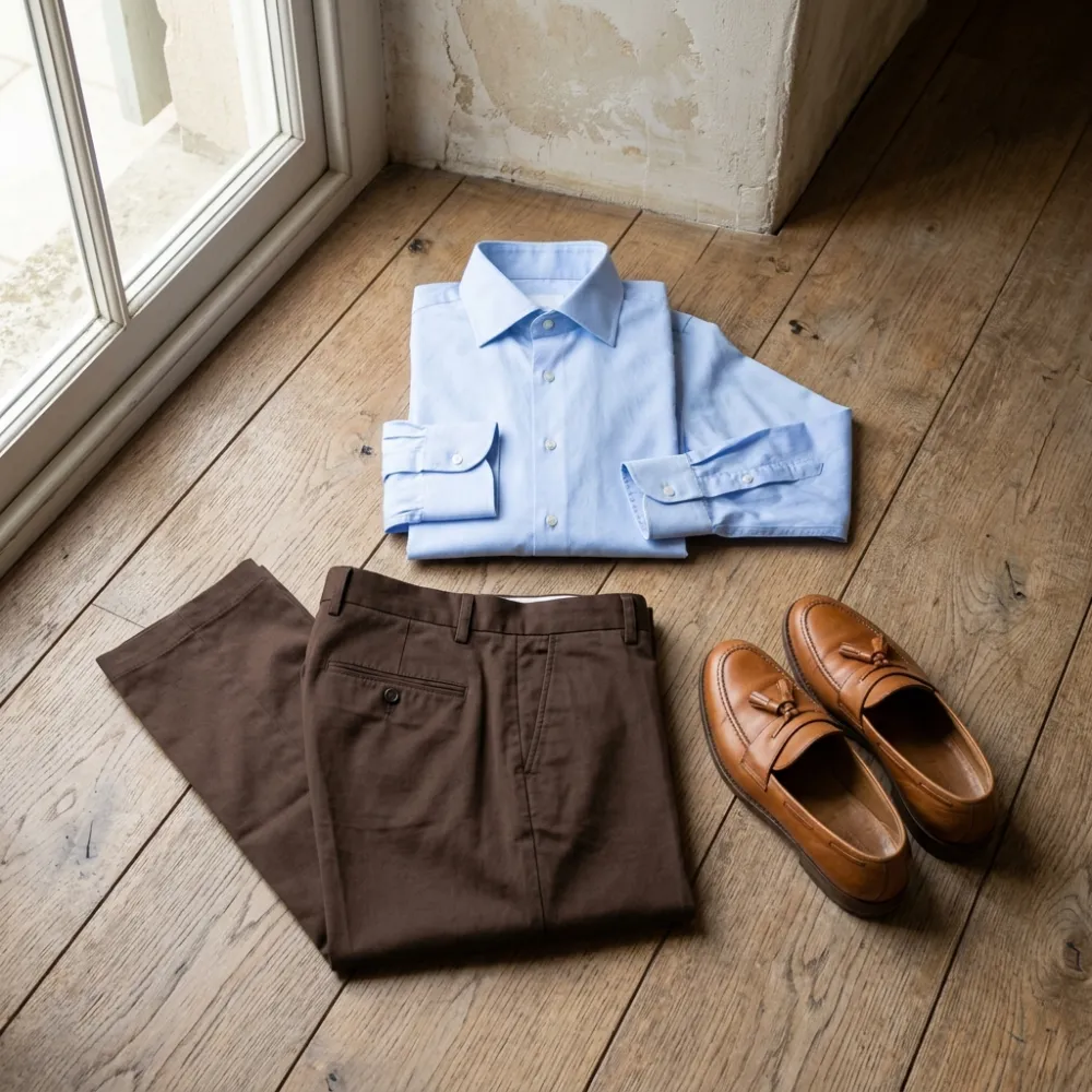 The same brown trousers with a light blue shirt and tan loafers.