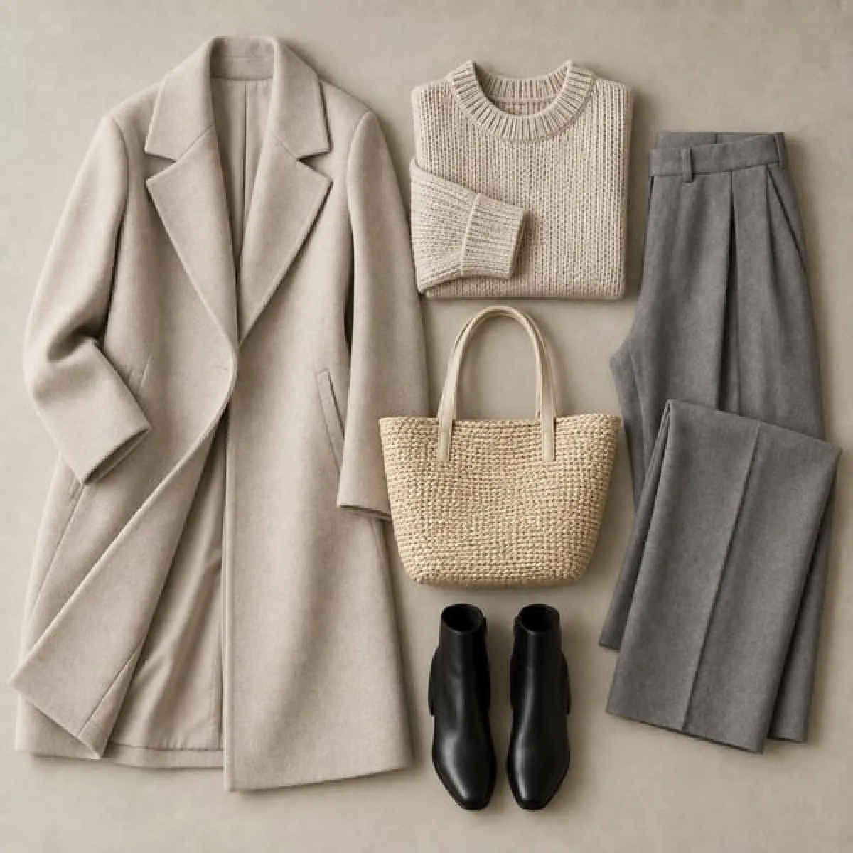 A capsule wardrobe laid flat: two coats, knits, a white shirt, a silk blouse, trousers, denim, a skirt, a dress, loafers, ankle boots, a bag and a scarf.