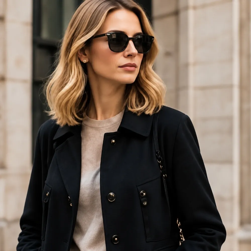 Copenhagen outfit laid flat: grey oversized blazer, indigo jeans, white t-shirt, white trainers and a cobalt bag.