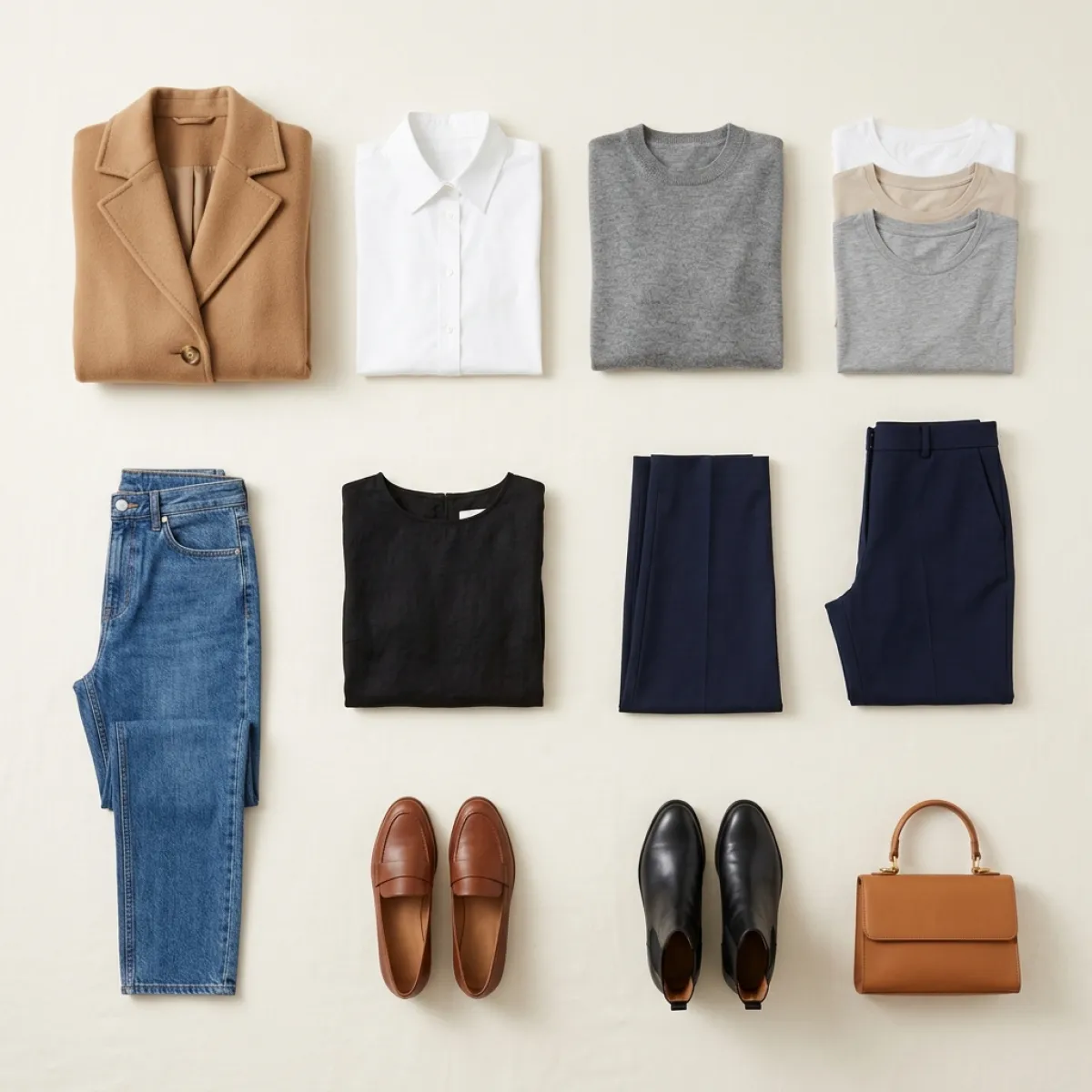 Ten wardrobe pieces laid flat in a grid: a camel coat, white shirt, grey knit, three t-shirts, navy trousers, denim, a black dress, leather flats, ankle boots and a tan bag.