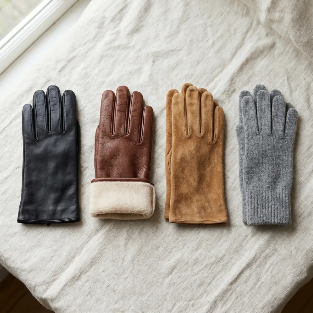 Grey knit gloves on linen.