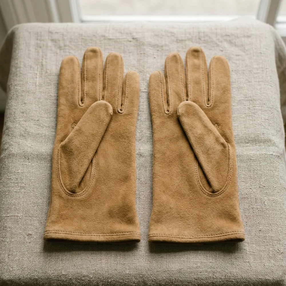 Camel suede gloves on linen.
