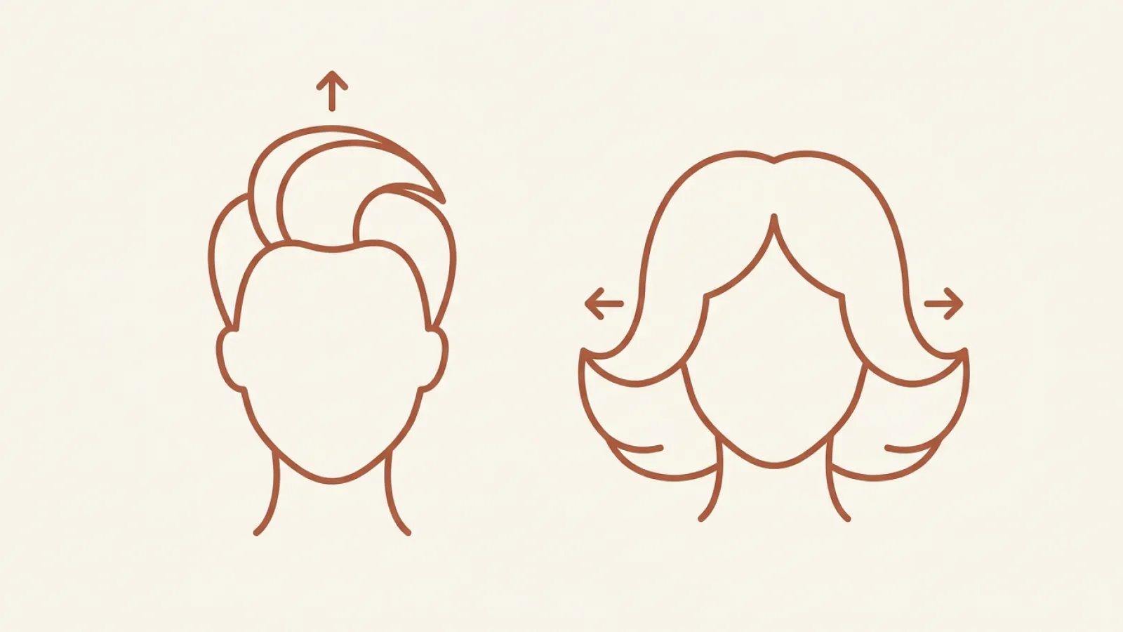 Line drawing of two hairstyles: one with volume at the crown, one with volume at the sides.