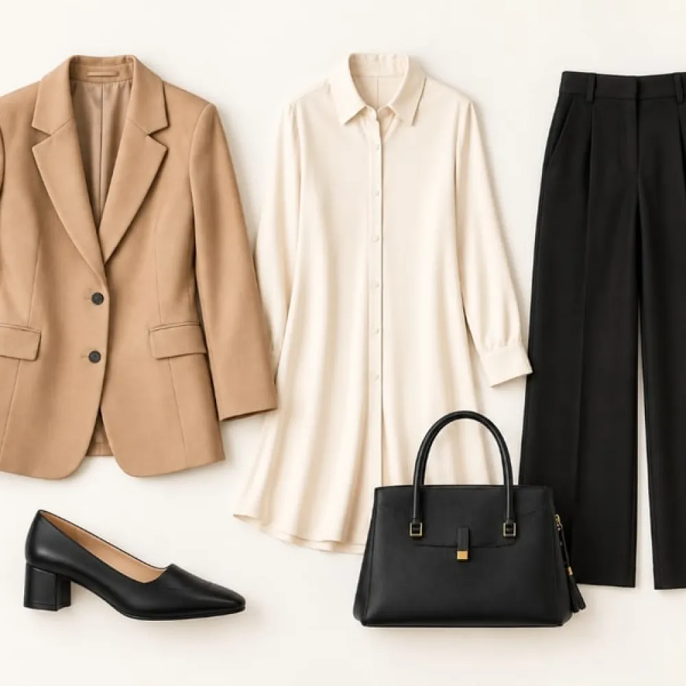 A stone trench coat laid open over navy trousers, a white shirt and loafers.